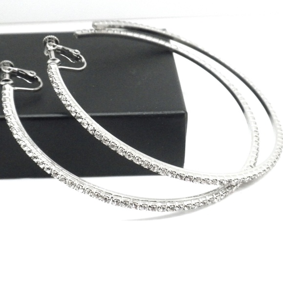 Rhinestone 3" Clip-on Hoop Earrings Gold or Silver - Picture 1 of 2